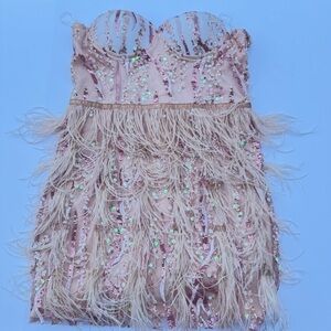 Bella Barnett Elegant Sequin and Feather Strapless Dress Small
